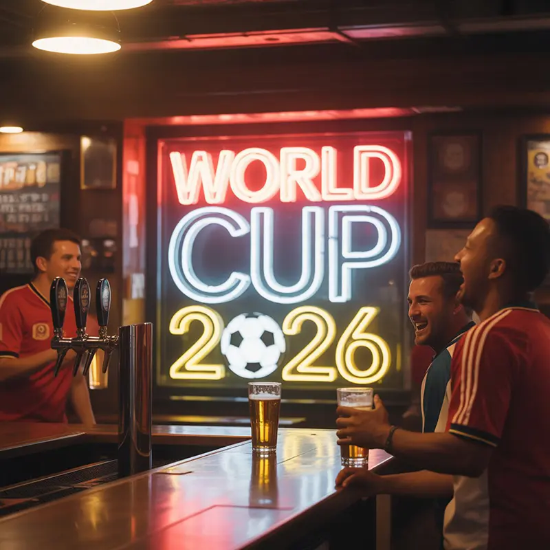 2026 FIFA World Cup neon sign at a sports bar